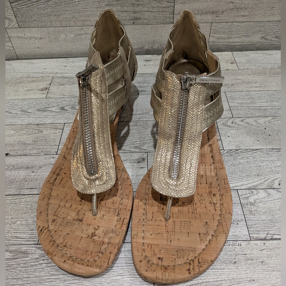 Donald J. Pliner Metallic Gold Cork Thong Sandals with Front Zip